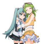  2girls aqua_eyes aqua_hair detached_sleeves goggles goggles_on_head green_hair gumi hatsune_miku ladfa long_hair lowres midriff multiple_girls necktie skirt smile sweatdrop thigh-highs transparent_background twintails very_long_hair vocaloid 