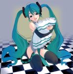  1girl aqua_hair black_legwear blue_eyes bottomless censored commentary convenient_censoring detached_sleeves hatsune_miku long_hair looking_at_viewer masao open_mouth pillow pillow_hug shirt sitting solo tears thigh-highs tile_floor tiles twintails very_long_hair vocaloid zettai_ryouiki 
