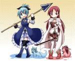  2girls blue_eyes blue_hair boots cape cosplay costume_switch hair_ribbon kyubey left-handed long_hair looking_at_viewer mahou_shoujo_madoka_magica miki_sayaka miki_sayaka_(cosplay) multiple_girls open_mouth polearm ponytail red_eyes redhead ribbon sakura_kyouko sakura_kyouko_(cosplay) shiki_n short_hair skirt smile spear sword thigh-highs weapon 