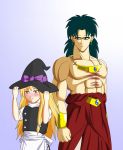  1boy 1girl black_eyes blonde_hair blush bracelet broly crossover dragon_ball dragon_ball_z dress earrings ears eyes fingers hands happy hat head jewelry kamishima_kanon kirisame_marisa male mouth muscle necklace nose puffy_sleeves ribbon skin smile spiky_hair touhou witch witch_hat yellow_eyes 