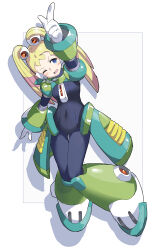  1girl absurdres black_bodysuit blonde_hair blue_eyes bodysuit breasts full_body highres huanxiang_huifeng long_hair mega_man_(series) mega_man_x_(series) one_eye_closed pallette_(mega_man) ringed_eyes robot_girl small_breasts solo twintails 