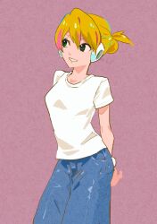  1girl alia_(mega_man) alternate_costume blonde_hair blue_pants cairngorm999 cowboy_shot denim green_eyes highres mega_man_(series) mega_man_x_(series) pants pink_background robot_ears shirt solo white_shirt 