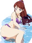  1girl aikatsu! bikini blush bow brown_hair hair_bow looking_at_viewer lying navel on_side ponytail shibuki_ran simple_background smile solo swimsuit umanosuke violet_eyes water 