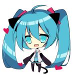  1girl animal_ears aqua_eyes aqua_hair cat_ears cat_tail chibi detached_sleeves hatsune_miku heart long_hair lowres necktie open_mouth rupia simple_background skirt solo tail thighhighs twintails very_long_hair vocaloid white_background 