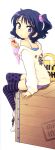  1girl :t arm_support bag boots casual child clothes_writing crate crepe food food_on_face highres hoodie inuboshi looking_back marimero-rain mismatched_legwear off_shoulder one_side_up print_legwear purse scan scrunchie shorts sitting solo star_print steering_wheel striped striped_legwear thighhighs 
