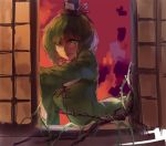  black_hat branch crying crying_with_eyes_open dress ghost green_dress green_eyes green_hair hat hug_(artist) leaf long_sleeves open_mouth red_sky short_hair sky soga_no_tojiko tears touhou window 