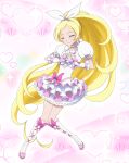  abe_masaki blonde_hair boots bow brooch choker closed_eyes cure_rhythm dress earrings frills hair_ribbon hands_clasped heart jewelry long_hair magical_girl minamino_kanade pink_background precure ribbon smile suite_precure 
