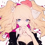  1girl blonde_hair blue_eyes bow bunny_hair_ornament covering_mouth dangan_ronpa enoshima_junko eyelashes fingernails freckles hair_bow hair_ornament hand_over_own_mouth long_fingernails long_hair mayer nail_polish solo twintails 