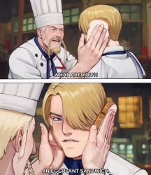 braided_mustache chef idiot_sandwich_(meme) long_hair meme multiple_boys one_piece one_piece_(live_action) red-leg_zeff sanji_(one_piece) short_hair