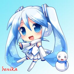  1girl artist_name benika_(benikaone) blue_eyes blue_hair chibi detached_sleeves hatsune_miku headset long_hair necktie open_mouth scarf skirt snowflakes snowman solo thigh-highs twintails very_long_hair vocaloid yuki_miku 