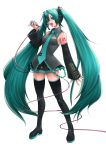  1girl boots copyright_name detached_sleeves green_eyes green_hair hatsune_miku headset highres long_hair microphone nail_polish necktie open_mouth simple_background skirt solo souryu tattoo thigh_boots thighhighs twintails very_long_hair vocaloid white_background 