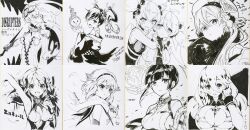  6+girls :d absurdres ahoge arm_up armpits arms_around_neck artist_name beagallta_(phantom_of_the_kill) bird blunt_bangs character_name cleavage_cutout closed_mouth clothing_cutout commentary_request da-kuro freischutz_(phantom_of_the_kill) gloves goggles goggles_on_head hairband hercule_(phantom_of_the_kill) high_ponytail highres laevateinn_(phantom_of_the_kill) long_hair looking_at_viewer mikan_ame_(gumi) minerva_(phantom_of_the_kill) monochrome monocle morallta_(phantom_of_the_kill) multiple_girls muramasa_(phantom_of_the_kill) nakatsun_(gumi) ness_(phantom_of_the_kill) official_art omori_yoshiwo open_mouth owl phantom_of_the_kill rinzo second-party_source shibuhiko shikishi siblings signature smile suiha_(phantom_of_the_kill) to_maru twins twintails v-shaped_eyebrows watarubou 