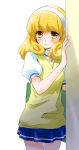  1girl arm_support blonde_hair blush hairband kise_yayoi ooshima_tomo precure school_uniform short_hair sketchbook skirt smile_precure! solo sweater_vest yellow_eyes 