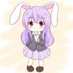  1girl animal_ears chibi crescent gradient gradient_background hand_on_own_chest jacket jewelry long_hair looking_at_viewer maayan_(tk_surf) necklace pantyhose pigeon-toed purple_hair rabbit_ears red_eyes reisen_udongein_inaba shoes simple_background skirt sleeves_past_wrists smile solo touhou 
