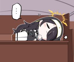  ... 1girl :3 absurdres b.t._(boob_tong) bench black_coif black_dress black_hair blue_archive chest_harness chibi closed_eyes coif cross cross_earrings dress earrings emblem garter_straps habit hair_over_one_eye halo harness highres hinata_(blue_archive) jewelry long_hair long_sleeves lying nun on_side pew puff_of_air spoken_ellipsis thigh-highs white_thighhighs wide_sleeves winged_halo wooden_bench yellow_halo 