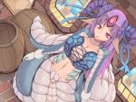  1girl breasts cleavage dutch_angle gloves horn_ribbon horns jajala lamia large_breasts long_hair monster_girl navel original pointy_ears purple_hair red_eyes ribbon scales snake_tail solo white_gloves 