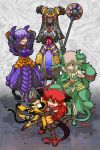  5girls armor armored_dress blood boots breasts cable corset curly_hair demon_girl demon_tail eyeshadow fang faulds gauntlets green_eyes grin hair_over_one_eye horns hug insect_girl leaf long_hair makeup maou_beluzel monster_girl multiple_girls nise_maou_dokuzeru nise_maou_kanizeru nise_maou_kikaizeru nise_maou_sukaraberu original pantyhose pink_hair plant plant_girl pointing red_eyes redhead robot robot_ears scales sharp_teeth short_hair skirt slender_waist smile staff tail takahashi_note venus_flytrap violet_eyes yuusha_to_maou 