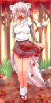  1girl animal_ears breasts covering_mouth hasu_(hk_works) hat inubashiri_momiji leaf maple_leaf red_eyes short_hair silver_hair solo tail tokin_hat touhou wink wolf_ears wolf_tail 
