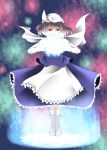  1girl apron arms_up aura blue_eyes boots covering_mouth hat highres lavender_hair letty_whiterock light looking_at_viewer multicolored_background sag_(tkddkrja) scarf short_hair skirt skirt_set snowflakes socks solo touhou waist_apron 