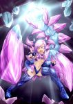  1girl blue_panties breasts crystal fangs fingerless_gloves genderswap gloves highres league_of_legends monster_girl nam_(valckiry) navel panties personification pincers pointy_ears purple_hair scorpion_tail skarner small_breasts solo stinger twintails under_boob underwear yellow_eyes 