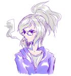  1girl glasses kugimine long_hair monochrome original ponytail simple_background sketch smoking solo white_background 
