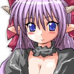  1girl blue_eyes blush breasts bust cleavage gomamiso_sti horns long_hair looking_at_viewer lowres pointy_ears purple_hair simple_background solo white_background 