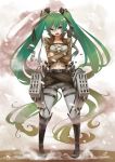  1girl artist_name belt boots breasts cleavage crossed_arms green_eyes green_hair hair_ribbon hatsune_miku highres knee_boots long_hair navel open_mouth parody ribbon shingeki_no_kyojin shouben solo suspenders thigh_strap three-dimensional_maneuver_gear twintails very_long_hair vocaloid 