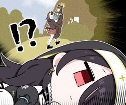  !? 1girl :| absurdres animal_ear_headwear aqua_neckerchief b.t._(boob_tong) bench black_coif black_dress black_hair black_hoodie black_horns blue_archive carrying carrying_person chest_harness chibi closed_mouth coif cross cross_earrings demon_horns demon_wings dress earrings emblem flower garter_straps grey_halo habit hair_over_one_eye halo harness highres hinata_(blue_archive) hood hoodie horns jewelry kayoko_(blue_archive) kidnapping long_hair long_sleeves lying mari_(blue_archive) multicolored_hair neckerchief nun on_side orange_hair pew ponytail rectangular_eyes single_wing thigh-highs two-tone_hair white_flower white_hair white_thighhighs wide_sleeves winged_halo wings wooden_bench yellow_halo 