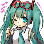  1girl detached_sleeves green_eyes green_hair hatsune_miku headset long_hair necktie sad_fuka smile solo spring_onion twintails vocaloid wink 