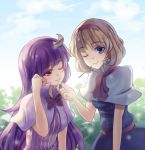  2girls alice_margatroid blonde_hair blue_eyes breasts capelet crescent dress hairband lips long_hair multiple_girls no_hat no_headwear patchouli_knowledge pocky purple_hair rainbow2319682 ribbon sash short_hair smile touhou violet_eyes wink 