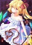  1girl alternate_costume alternate_eye_color blonde_hair bride checkered checkered_background dress flandre_scarlet laevatein looking_at_viewer off_shoulder parted_lips petals short_hair side_ponytail touhou transistor wedding_dress wings yellow_eyes 