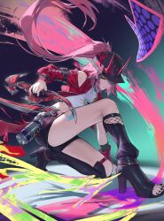  1girl absurdres asymmetrical_sleeves baseball_cap belt black_hat black_nails black_shorts black_visor breasts bridal_gauntlets crop_top fishnet_bridal_gauntlets fishnet_top fishnets graffiti green_eyes hat hat_horns high_heels highres holding holding_shuriken holding_weapon honkai:_star_rail honkai_(series) horned_hat jacket long_hair midriff paint pink_hair ponytail rappa_(honkai:_star_rail) red_arm_warmers red_jacket sasa_(sasa_ekakiman) shirt shorts shuriken spray_can uneven_sleeves very_long_hair weapon white_belt white_shirt wrist_belt 