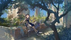  1girl animal_ears blonde_hair blue_gloves blue_hat blue_sky blue_socks building cane castle cat_ears closed_mouth commentary_request dappled_sunlight dress from_side gloves hand_up hat high_heels highres holding holding_cane koyamanatsu leaf long_hair looking_at_viewer original outdoors railing red_eyes scenery sitting sky sleeveless sleeveless_dress socks solo stairs sunlight tree v very_long_hair white_footwear wide_shot 