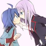  ahoge blue_eyes blue_hair cardfight!!_vanguard sendou_aichi shacttainw simple_background tokura_misaki white_hair 