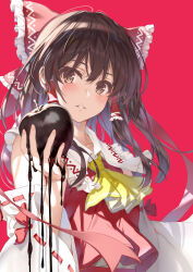  1girl ascot bad_apple!! cradle_(circle) detached_sleeves food fruit hakurei_reimu headdress highres holding holding_food holding_fruit long_hair looking_at_object misaki_kurehito red_background solo touhou 