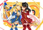  2girls absurdres animal_ears blonde_hair blue_eyes cat_ears cat_tail drill_hair elbow_gloves fate/hollow_ataraxia fate/stay_night fate_(series) gloves heart heart_hands heart_hands_duo highres kaleido_ruby kikimi long_hair luviagelita_edelfelt magical_girl multiple_girls red_eyes ringlets tail thigh-highs tohsaka_rin toosaka_rin wand 