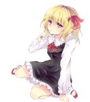  1girl black_dress blonde_hair bow dress finger_to_mouth hair_ribbon long_sleeves looking_at_viewer pink_eyes red_shoes ribbon rumia shirt shoes simple_background sitting smile solo touhou wariza white_background 