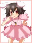  1girl :3 animal_ears bent_over black_hair breasts dress frame hand_on_hip haniwagi_(hal) inaba_tewi jewelry looking_at_viewer necklace petals pink_dress rabbit_ears red_eyes short_sleeves solo tongue tongue_out touhou 