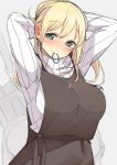  1girl apron arms_up atago_(kantai_collection) blonde_hair blush breasts casual dress green_eyes hair_tie kantai_collection large_breasts long_hair looking_at_viewer mouth_hold nekoume personification ponytail ribbed_sweater rubberband sweater tying_hair 