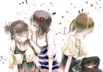  3girls amami_haruka blush bracelet brown_hair closed_eyes collarbone crying futami_ami futami_mami hair_bobbles hair_ornament idolmaster jewelry multiple_girls off_shoulder open_mouth pants petals short_hair short_sleeves side_ponytail star tears yae_(mono110) 