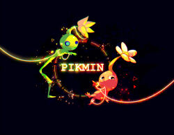  asymmetrical_eyes black_background black_eyes blue_eyes cable colored_skin commentary_request copyright_name creature_focus floating flower ghost_tail glow_pikmin green_skin light_particles looking_at_viewer no_humans no_mouth pikmin_(creature) pikmin_(series) pointy_nose red_pikmin red_skin shirushiki simple_background solid_circle_eyes triangle white_flower yellow_flower 