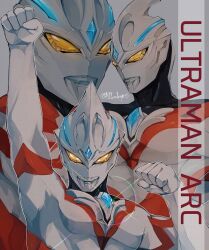  1boy absurdres alien arm_up black_skin blue_gemstone character_name clenched_hand clenched_hands color_timer colored_skin commentary_request copyright_name forehead_jewel gem grey_background hand_up highres male_focus multicolored_skin multiple_views muscular muscular_male ni_celery_pk no_pupils red_skin silver_skin solo sparkle tokusatsu twitter_username ultra_series ultraman_arc ultraman_arc_(series) yellow_eyes 