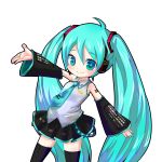  1girl absurdres aqua_eyes aqua_hair chibi detached_sleeves hatsune_miku headset highres long_hair necktie outstretched_arm simple_background skirt smile solo thighhighs twintails very_long_hair vocaloid white_background wikumi 