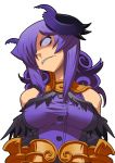 1girl armor armored_dress bare_shoulders breasts bust crazy_eyes curly_hair demon_girl elbow_gloves gloves hair_over_one_eye horns large_breasts long_hair matsuda_yuusuke nise_maou_kanizeru original purple_hair sharp_teeth solo taut_clothes violet_eyes yuusha_to_maou 