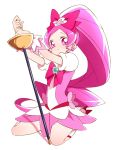  1girl cure_blossom female hanasaki_tsubomi heart heartcatch_precure! kneeling long_hair looking_at_viewer magical_girl pink_eyes pink_hair ponytail precure simple_background solo sword weapon white_background yui_(kanatamoo) 