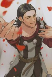  1boy arm_up belt belt_buckle black_hair brown_belt buckle closed_mouth collarbone commentary_request cowboy_shot dragon_quest dragon_quest_xi ear_piercing earrings falling_petals green_eyes hand_on_own_chest highres jewelry long_shirt male_focus medium_hair one_eye_closed outstretched_arm panco500 petals piercing pom_pom_(clothes) shirt smile solo striped_clothes striped_shirt stud_earrings sylvia_(dq11) 