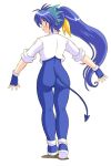  1girl blue_eyes blue_hair blush demon_tail from_behind gomamiso_sti long_hair looking_back miwajou original simple_background solo tail very_long_hair white_background 