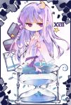  1girl book chibi crescent hourglass long_hair no_hat no_headwear patchouli_knowledge purple_hair solo star tarot touhou violet_eyes 