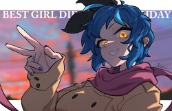  1girl absurdres artist_name black_bow blue_hair blue_nails blurry blurry_background borrowed_character bow breasts brown_coat chestnut_mouth coat commentary_request dif_(difman) english_text fingernails hair_bow happy_birthday highres large_breasts looking_at_viewer mole mole_under_eye multicolored_hair nail_polish orange_eyes original red_scarf scarf short_hair sleeves_past_wrists smile solo streaked_hair trench_coat v zzzeal 