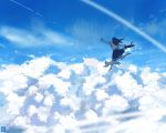  1girl above_clouds barefoot black_cat black_hair blue cat clouds condensation_trail from_behind kurohal long_hair original outstretched_arms running school_uniform serafuku sky spread_arms white_cat 